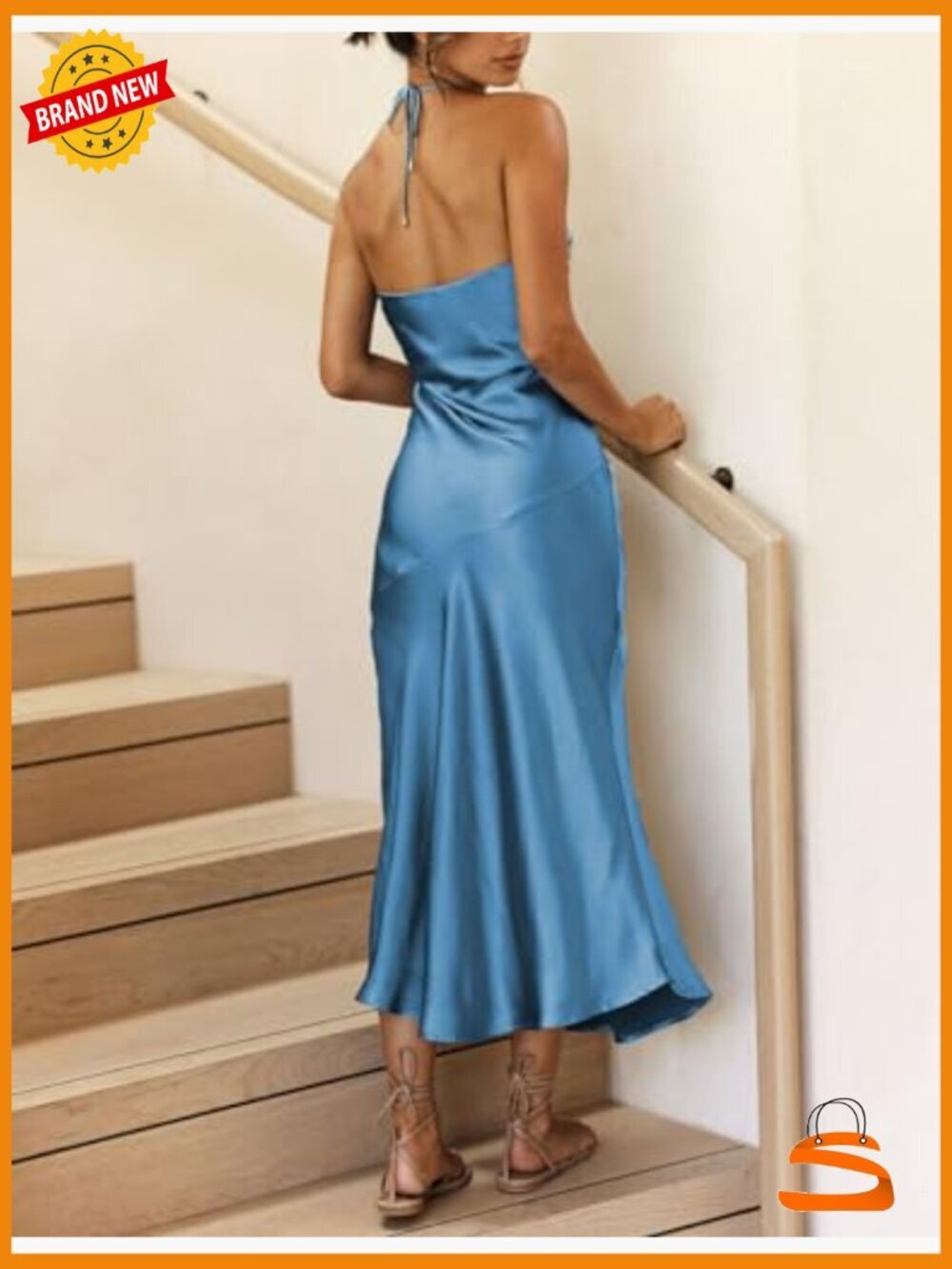 Elegant Satin Midi Dress with Halter Neck and Backless Design Perfect for - Picture 5 of 7
